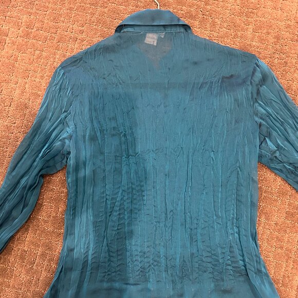 PEACOCK TEAL BEADED CHIFFON BLOUSE, FRENCH CUFFS - Picture 3 of 4